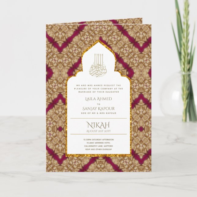 4Pg NIKAH WALIMA Invite Red Gold Ornate (Front)