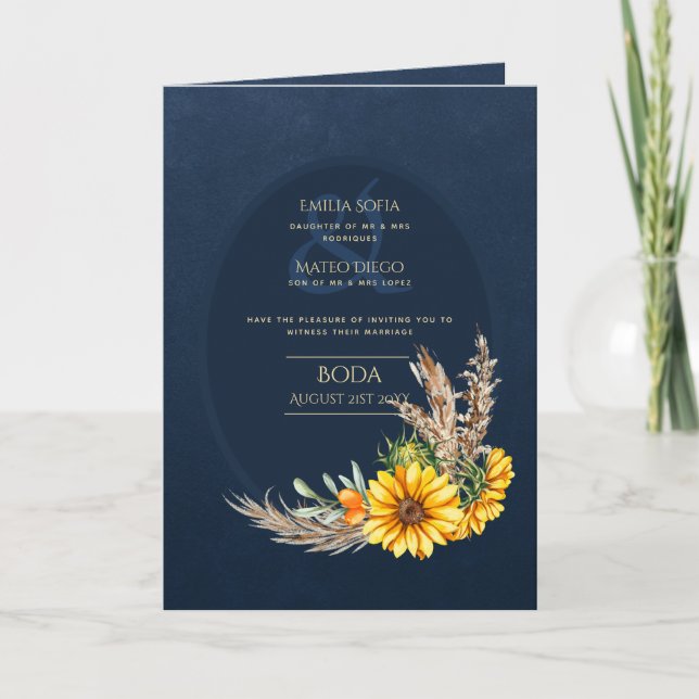 4pg Spanish BODA Invitations Navy Blue Sunflowers (Front)