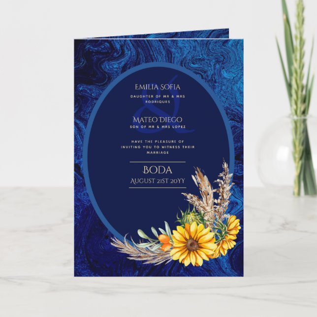 4pg Spanish BODA Invitations Navy Blue Sunflowers (Front)