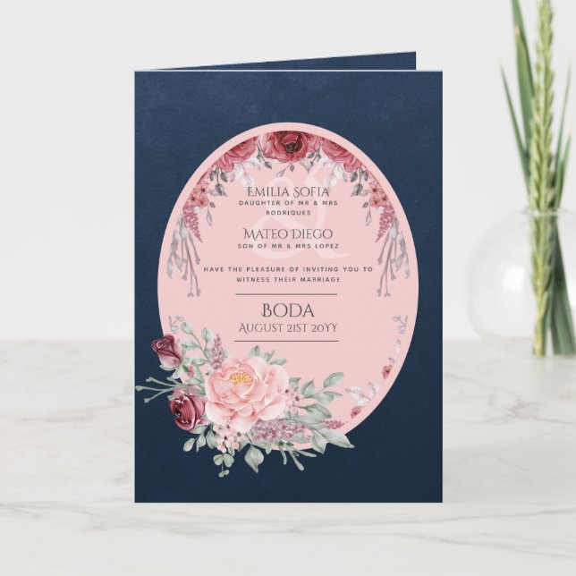 4pg Spanish BODA Invite Navy Blue Pink Burgundy (Front)