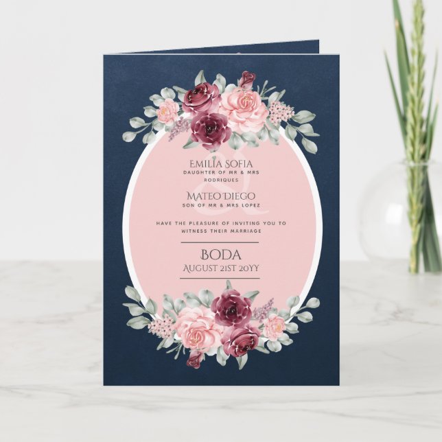 4pg Spanish BODA Invite Navy Blue Pink Burgundy (Front)