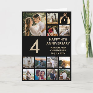 4th Anniversary 13 Photo Collage Black and Gold Card
