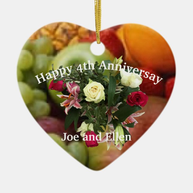 4th Anniversary, Fruit and Flowers,  Heart Ceramic Tree Decoration (Front)