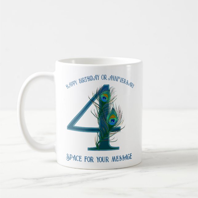 4th Anniversary Peacock Feather Customizable Coffee Mug (Left)