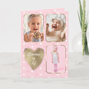 4th Birthday 3 Picture Collage Gold Pink Hearts Card