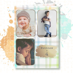 4th Birthday 3 Picture Plaid Watercolor for Boy Card