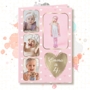 4th Birthday 4 Picture Collage Gold Pink Hearts Card