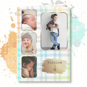 4th Birthday 4 Picture Plaid Watercolor for Boy Card