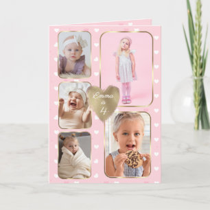 4th Birthday 5 Picture Collage Gold Pink Hearts Card
