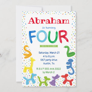 4th birthday animal balloons invitation