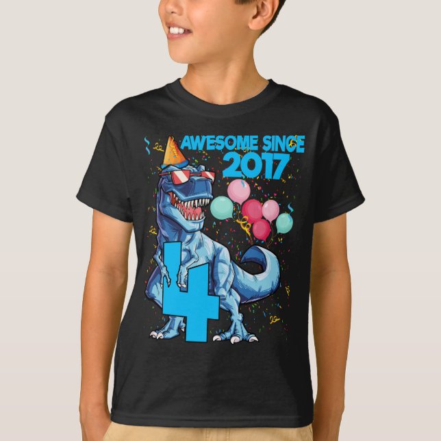 4th Birthday Awesome Since 2017 Dinosaur T-Shirt (Front)