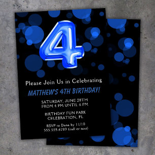 4th Birthday Balloons Kids Blue Boy Party Invitation