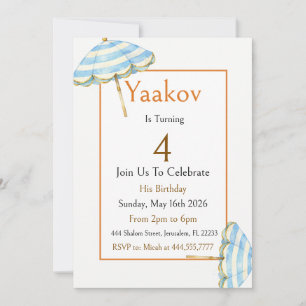 4th Birthday Beach Umbrella Blue Gold Coastal  Invitation