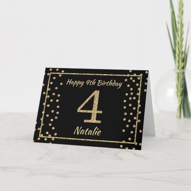 4th Birthday Black and Gold Glitter Confetti Card (Front)