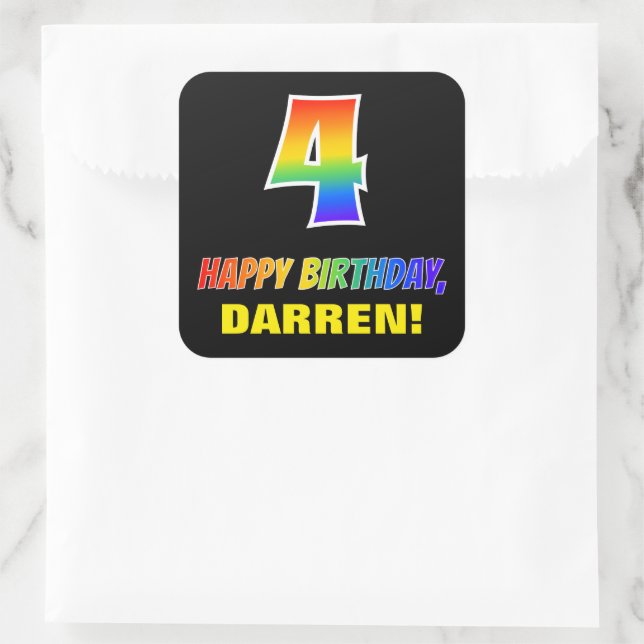 4th Birthday: Bold, Fun, Simple, Rainbow 4 Square Sticker (Bag)