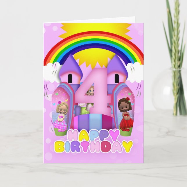 4th Birthday Bouncy Castle Greeting Card For Girls (Front)