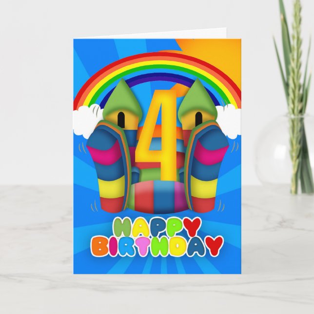 4th Birthday Card With Bouncy Castle And Rainbow (Front)