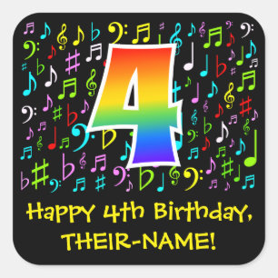 4th Birthday: Colorful Music Symbols, Rainbow 4 Square Sticker