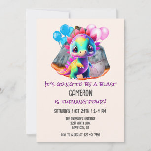 4th Birthday Colourful Dinosaur To Be a Blast  Invitation