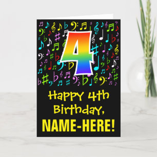 4th Birthday: Colourful Music Symbols + Rainbow 4 Card