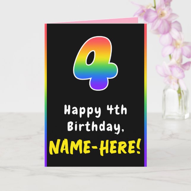 4th Birthday: Colourful Rainbow # 4, Custom Name Card (Orchid)