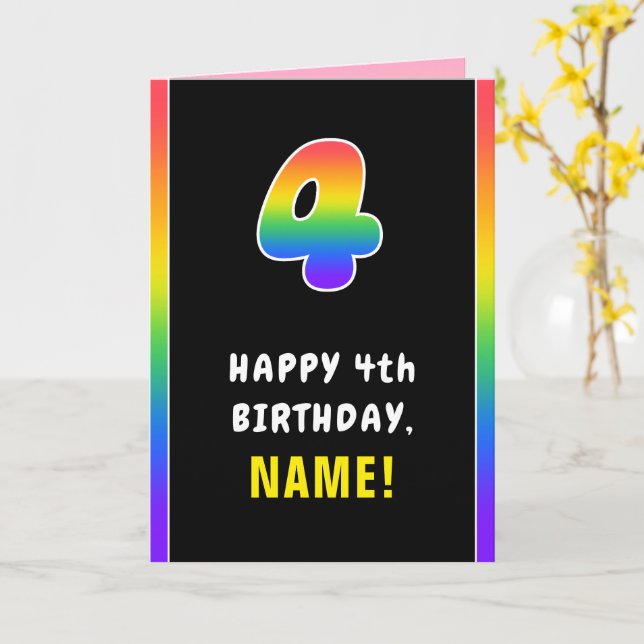 4th Birthday: Colourful Rainbow # 4, Custom Name Card (Yellow Flower)