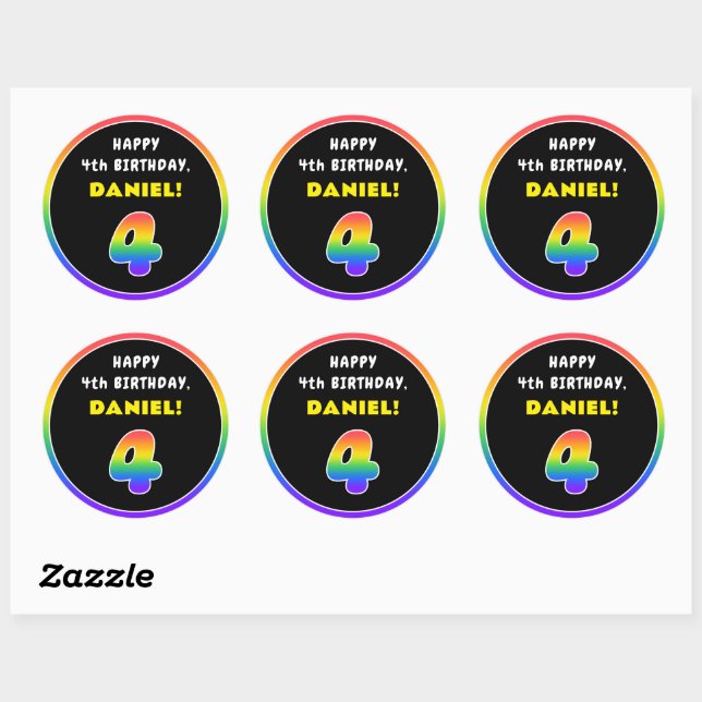 4th Birthday: Colourful Rainbow # 4, Custom Name Classic Round Sticker (Sheet)