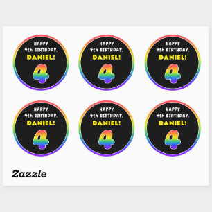 4th Birthday: Colourful Rainbow # 4, Custom Name Classic Round Sticker