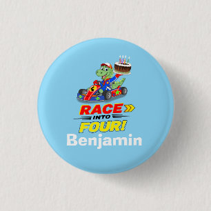 4th Birthday Dinosaur Race Car Ready Set 3 Cm Round Badge