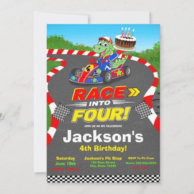4th Birthday Dinosaur Race Car Ready Set Invite (Front)