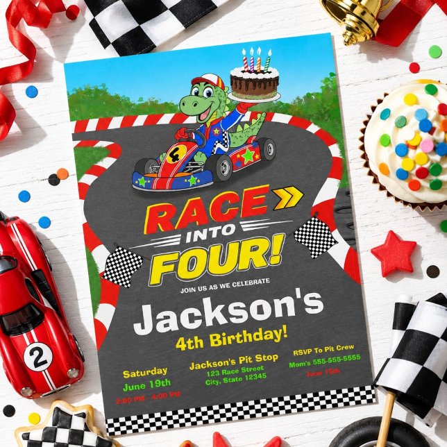 4th Birthday Dinosaur Race Car Ready Set Invite (Creator Uploaded)