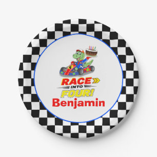 4th Birthday Dinosaur Race Car Ready Set Paper Plate