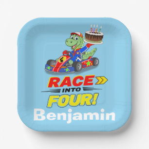 4th Birthday Dinosaur Race Car Ready Set Paper Plate