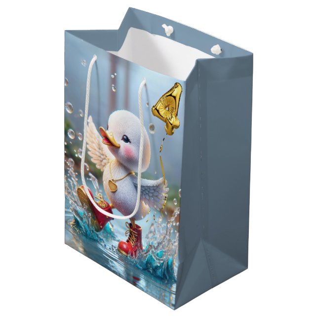 4th Birthday Duckling Dancing in a Puddle Medium Gift Bag (Front Angled)