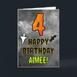 4th Birthday: Eerie Halloween Theme   Custom Name Card<br><div class="desc">The front of this spooky and scary Halloween themed birthday greeting card design features a large number “4”, along with the message “HAPPY BIRTHDAY, ”, and a customisable name. There are also depictions of a ghost and a bat on the front. The inside features a personalised birthday greeting message, or...</div>
