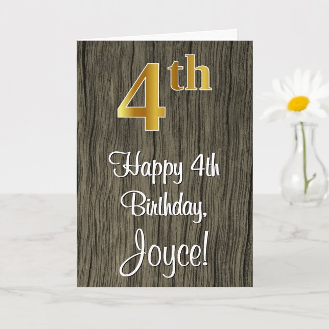 4th Birthday: Elegant Faux Gold Look #, Faux Wood Card (Small Plant)