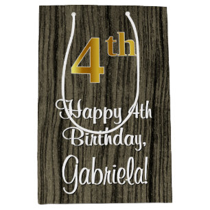 4th Birthday: Elegant Faux Gold Look #, Faux Wood Medium Gift Bag