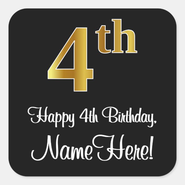 4th Birthday – Elegant Luxurious Faux Gold Look # Square Sticker (Front)