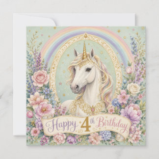 4th Birthday Elegant Unicorn Rainbow Card