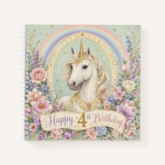 4th Birthday Elegant Unicorn Rainbow  Notebook (Front)
