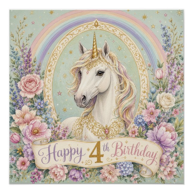 4th Birthday Elegant Unicorn Rainbow  Poster (Front)