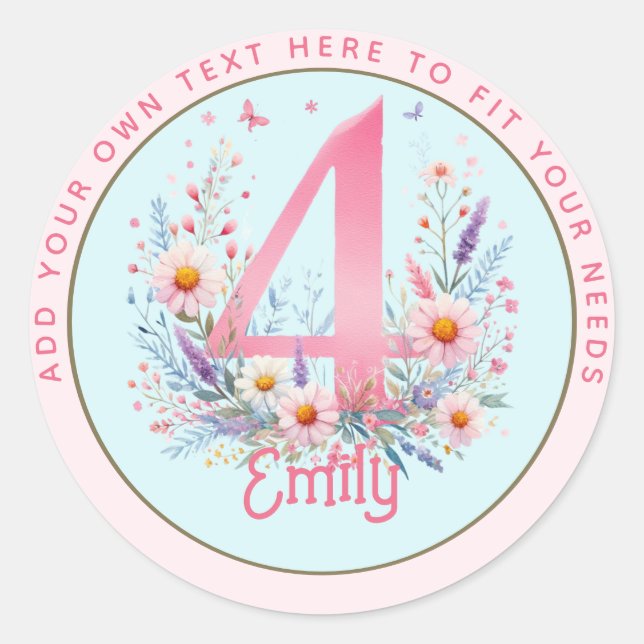 4th Birthday Fairy Floral Pink Princess Fairytale Classic Round Sticker (Front)