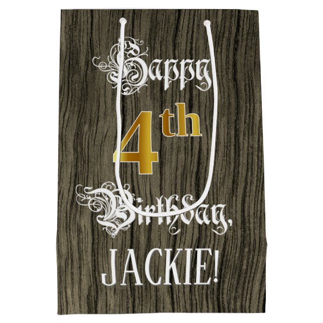 4th Birthday: Faux Gold Look & Faux Wood Pattern M Medium Gift Bag (Back)