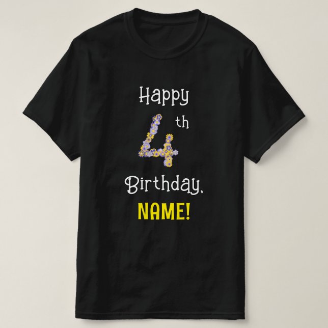 4th Birthday: Floral Flowers Number “4” + Name T-Shirt (Design Front)