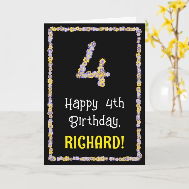 4th Birthday: Floral Flowers Number, Custom Name Card (Yellow Flower)