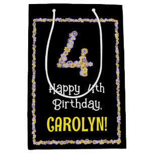 4th Birthday: Floral Flowers Number, Custom Name Medium Gift Bag