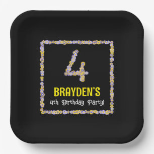 4th Birthday: Floral Flowers Number, Custom Name Paper Plate