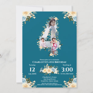 4th Birthday Flower Teal Photo Collage Blue Yellow Invitation