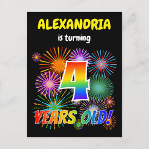 4th Birthday - Fun Fireworks, Rainbow Look "4" Postcard