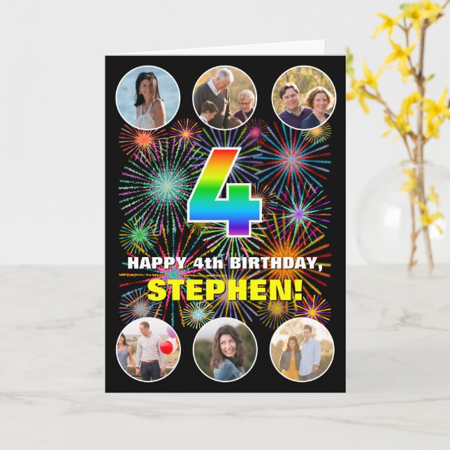 4th Birthday: Fun Rainbow #, Custom Name & Photos Card (Yellow Flower)